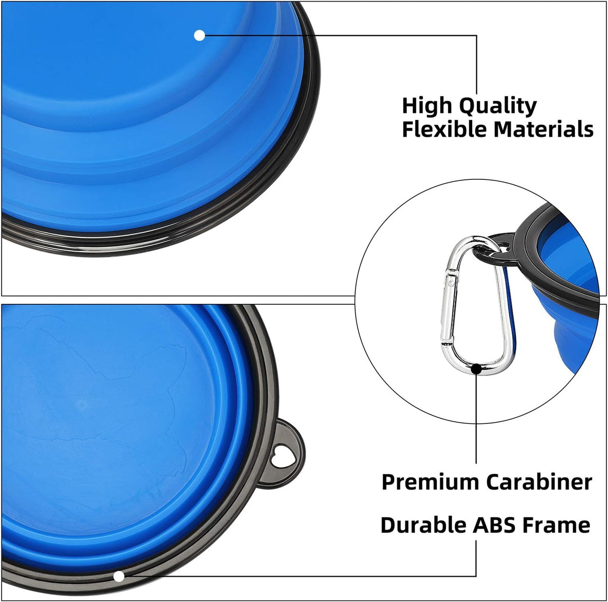 Two collapsible silicone dog travel bowls in green and blue with clips, view 4