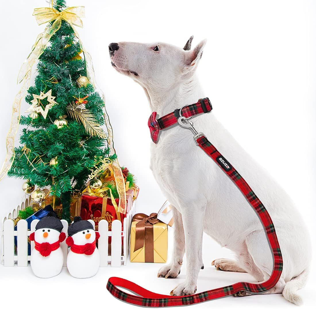 Red buffalo plaid Christmas dog collar with bow tie and matching leash, view 8