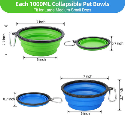 Two collapsible silicone dog travel bowls in green and blue with clips, view 2