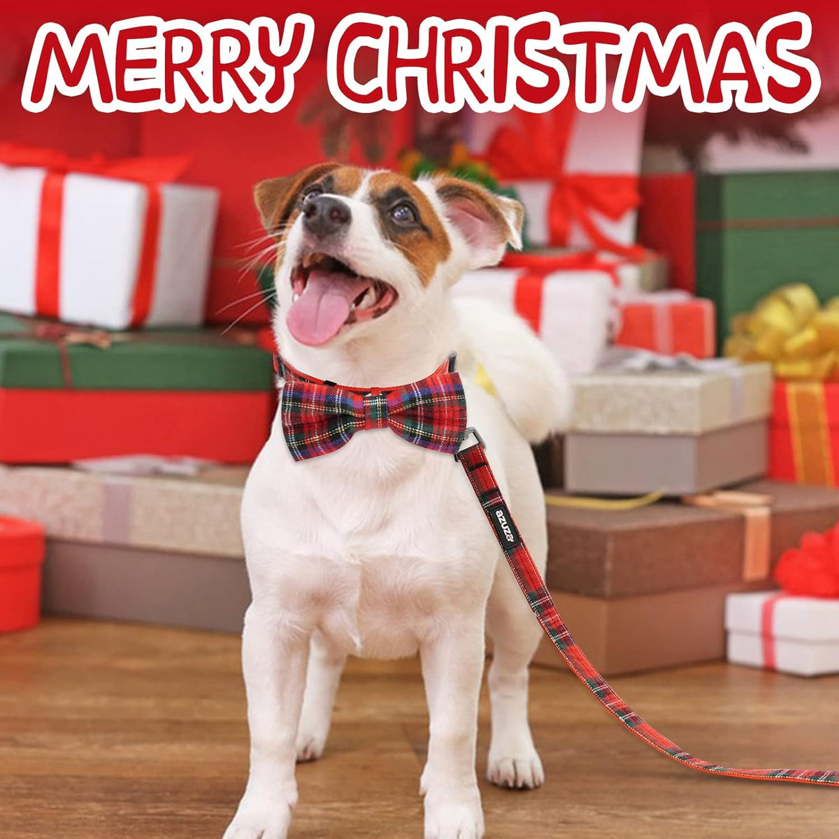 Red buffalo plaid Christmas dog collar with bow tie and matching leash, view 2