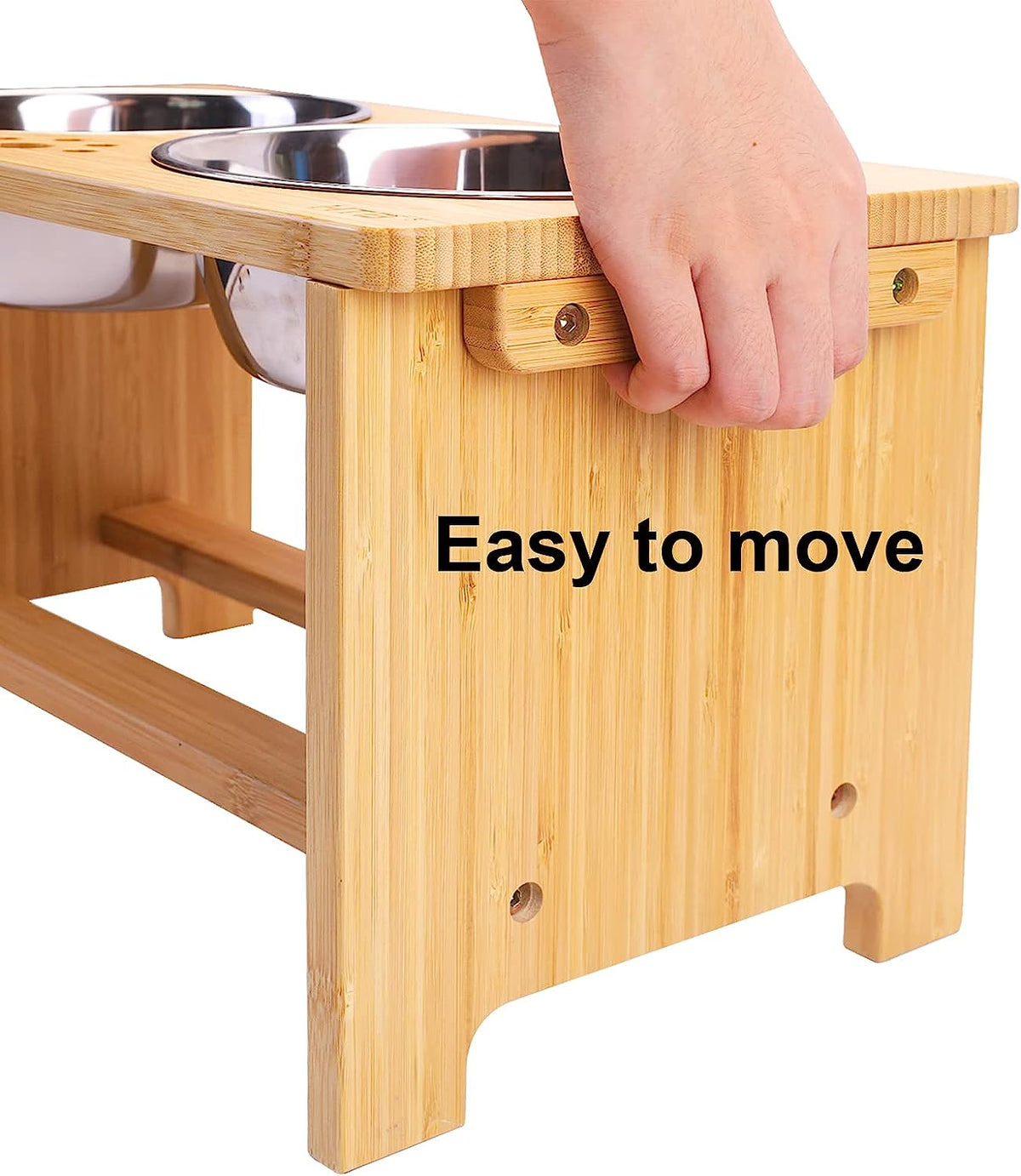 Bamboo elevated dog bowl stand with two stainless steel bowls, view 3