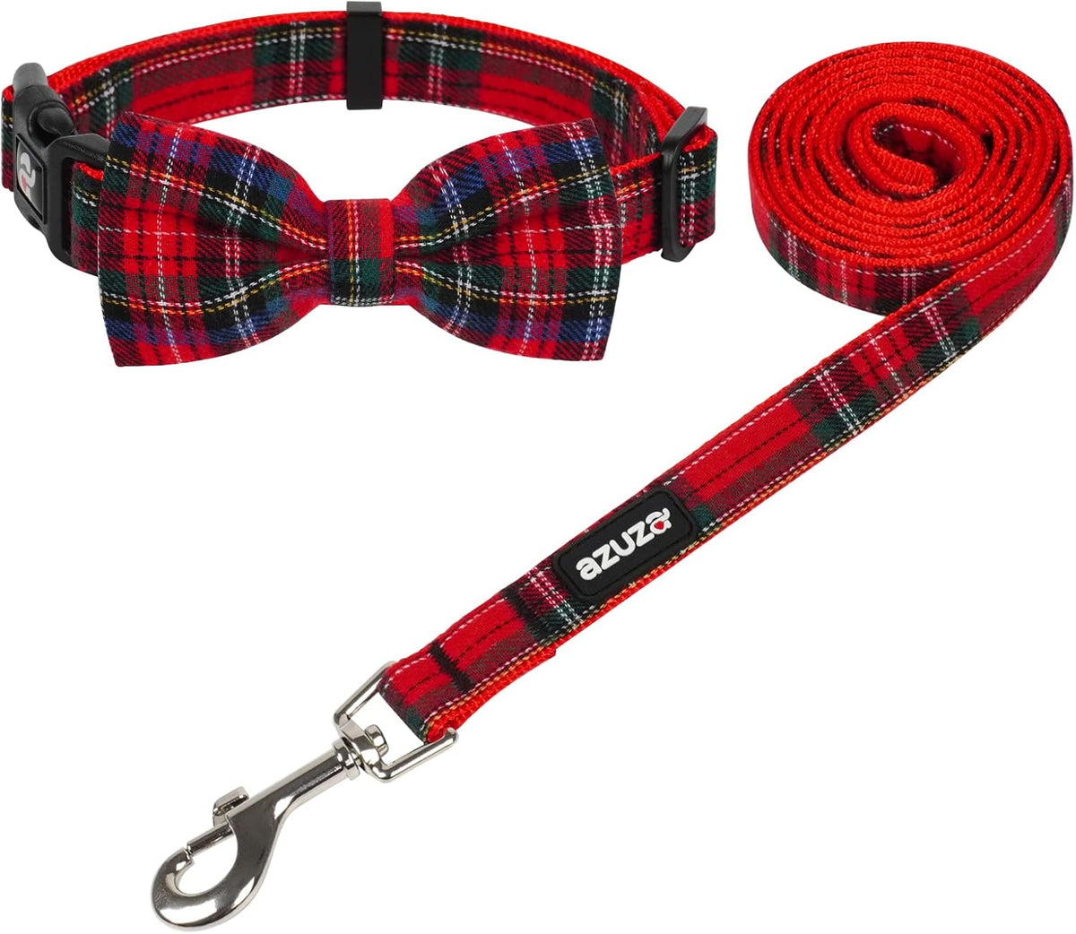 Red buffalo plaid Christmas dog collar with bow tie and matching leash