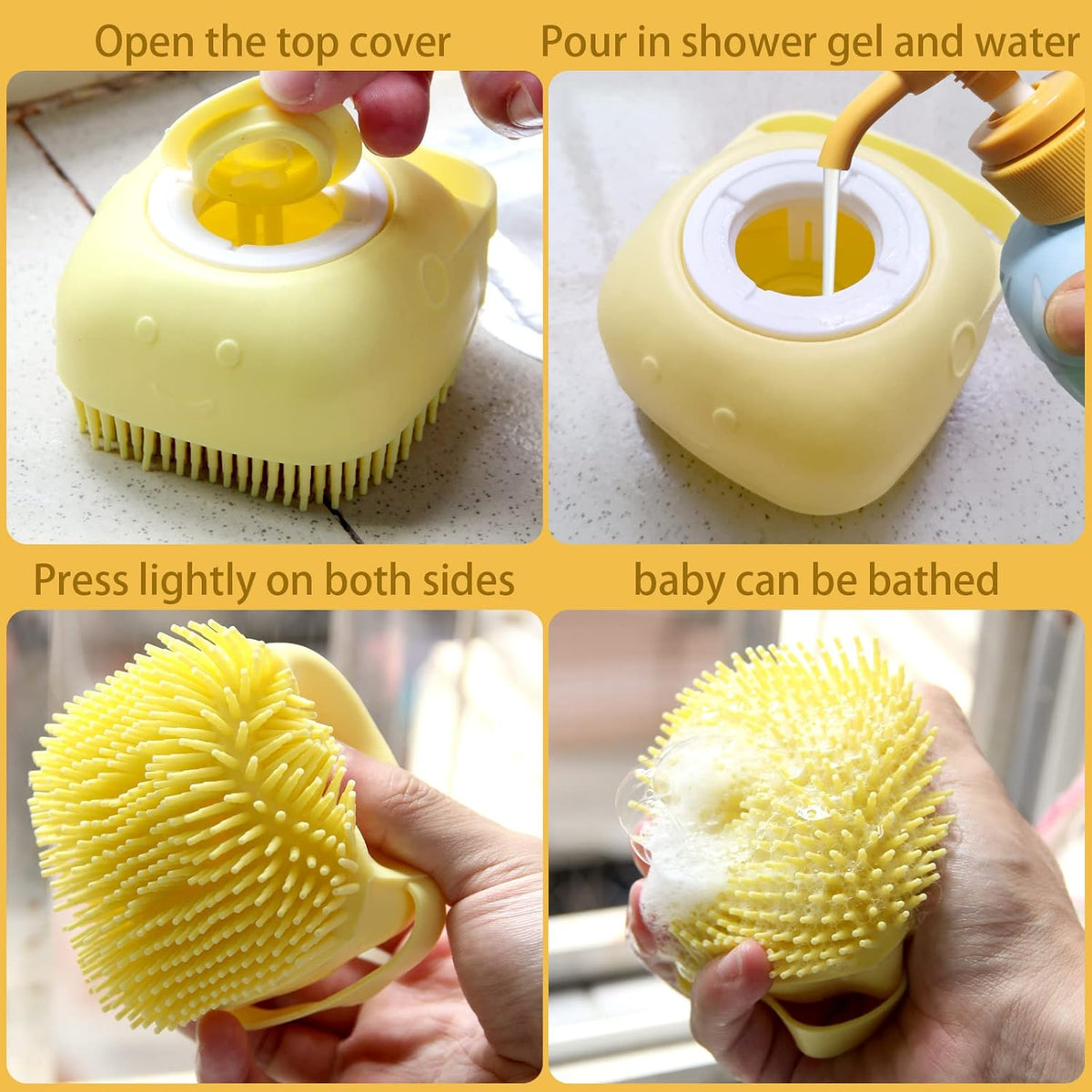 Yellow silicone dog bath brush with built-in shampoo dispenser, view 4