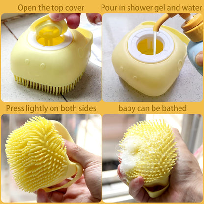 Yellow silicone dog bath brush with built-in shampoo dispenser, view 4