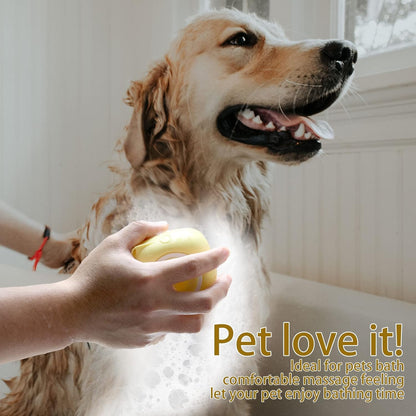 Yellow silicone dog bath brush with built-in shampoo dispenser, view 2