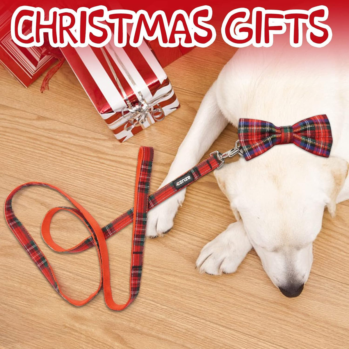 Red buffalo plaid Christmas dog collar with bow tie and matching leash, view 3