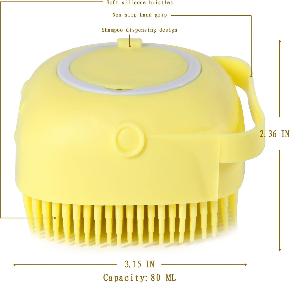 Yellow silicone dog bath brush with built-in shampoo dispenser, view 7