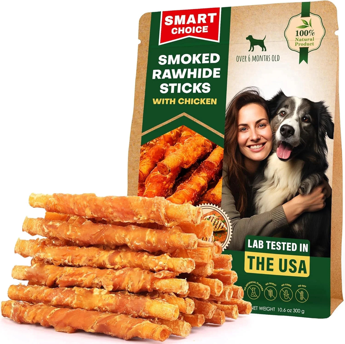 Rawhide dog chew sticks wrapped with smoked chicken