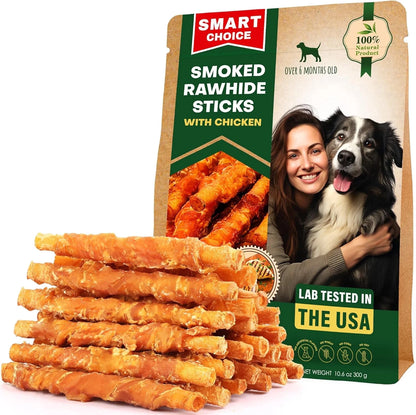 Rawhide dog chew sticks wrapped with smoked chicken
