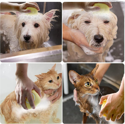Yellow silicone dog bath brush with built-in shampoo dispenser, view 3