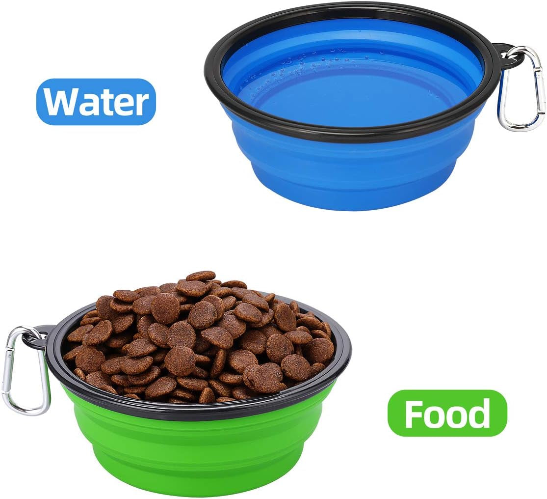 Two collapsible silicone dog travel bowls in green and blue with clips, view 8