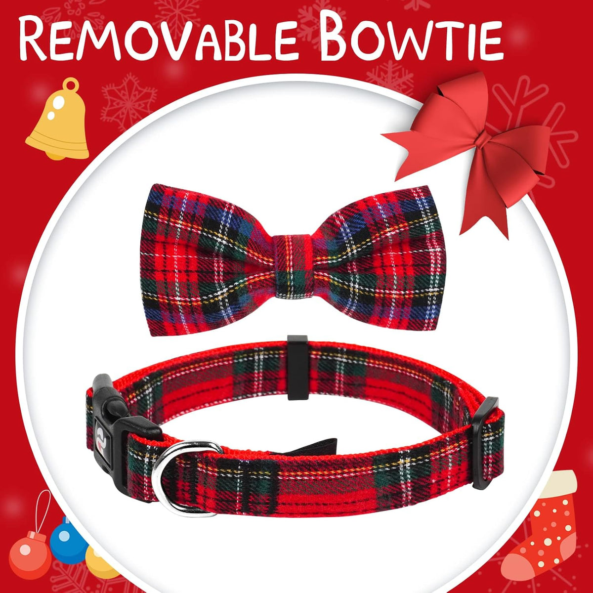 Red buffalo plaid Christmas dog collar with bow tie and matching leash, view 5
