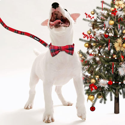 Red buffalo plaid Christmas dog collar with bow tie and matching leash, view 7