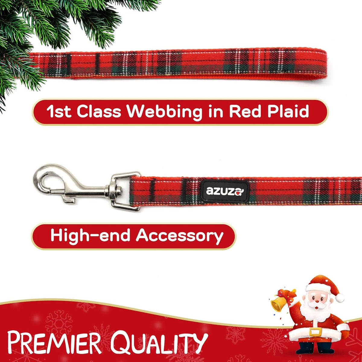 Red buffalo plaid Christmas dog collar with bow tie and matching leash, view 4