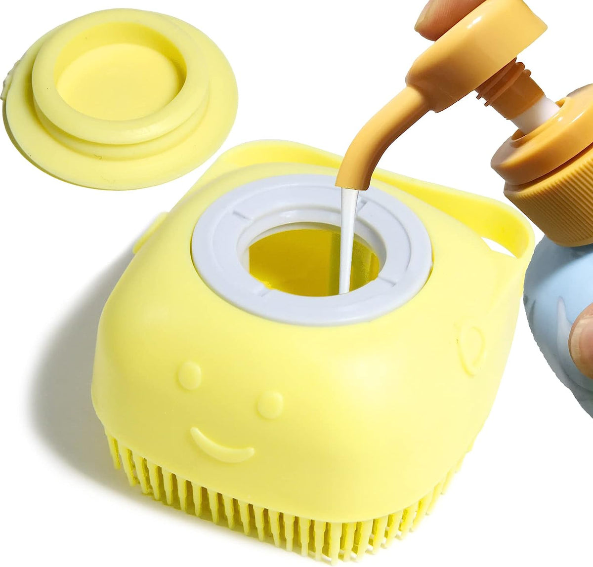 Yellow silicone dog bath brush with built-in shampoo dispenser