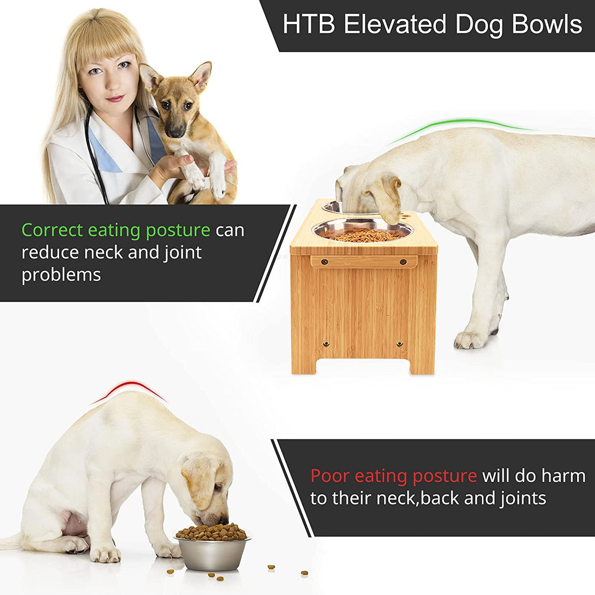 Bamboo elevated dog bowl stand with two stainless steel bowls, view 6