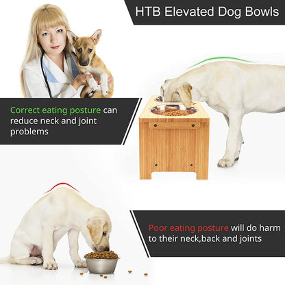 Bamboo elevated dog bowl stand with two stainless steel bowls, view 6