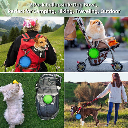 Two collapsible silicone dog travel bowls in green and blue with clips, view 5