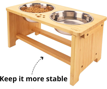 Bamboo elevated dog bowl stand with two stainless steel bowls, view 4