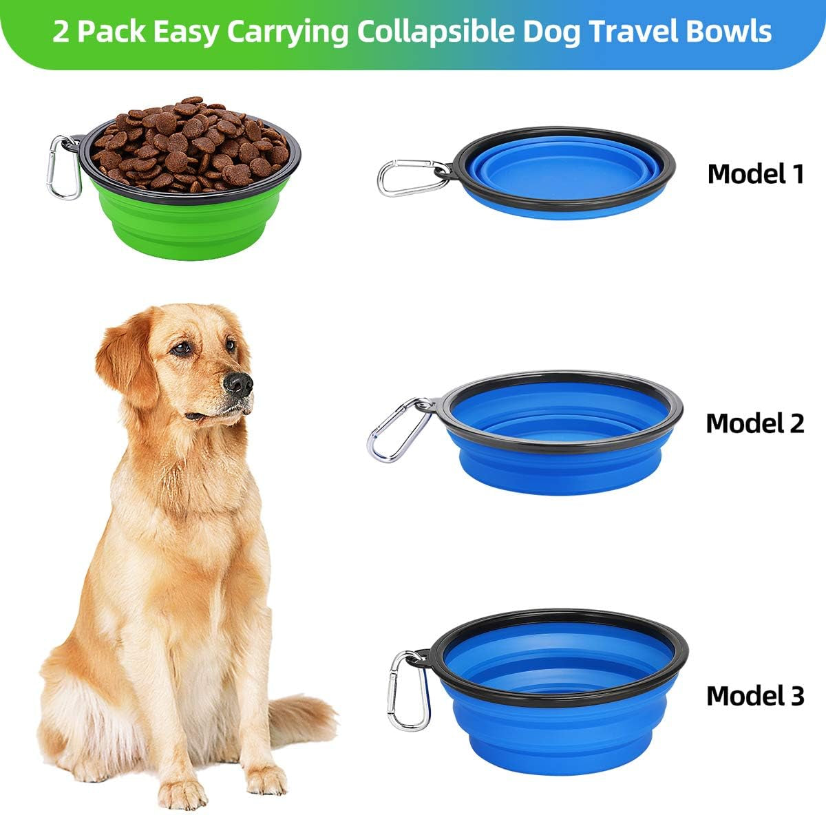 Two collapsible silicone dog travel bowls in green and blue with clips, view 3