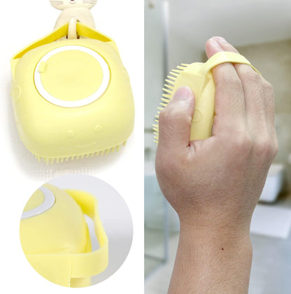 Yellow silicone dog bath brush with built-in shampoo dispenser, view 5