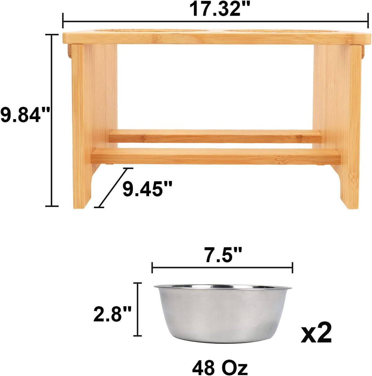 Bamboo elevated dog bowl stand with two stainless steel bowls, view 5