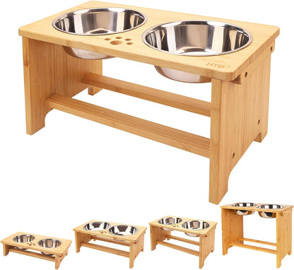 Bamboo elevated dog bowl stand with two stainless steel bowls
